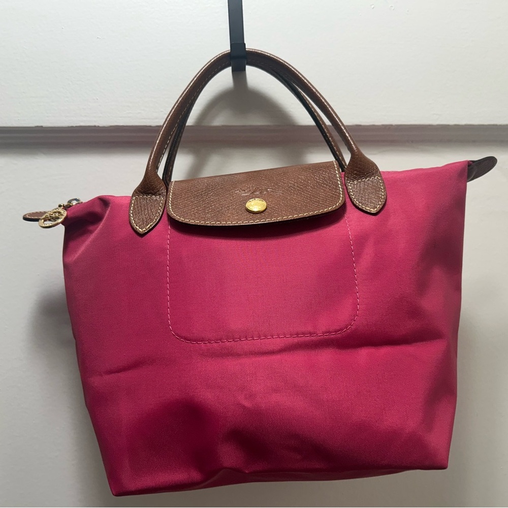 Longchamp Bright Pink Tote Bag with Brown Genuine Leather Accents NWOT
